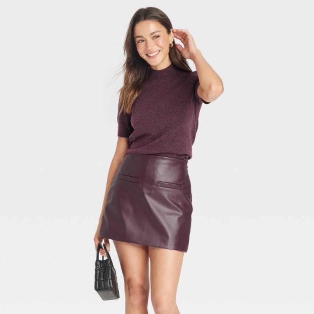 A New Day Maroon Burgundy Short Sleeve Mock Neck Pullover Sweater Top